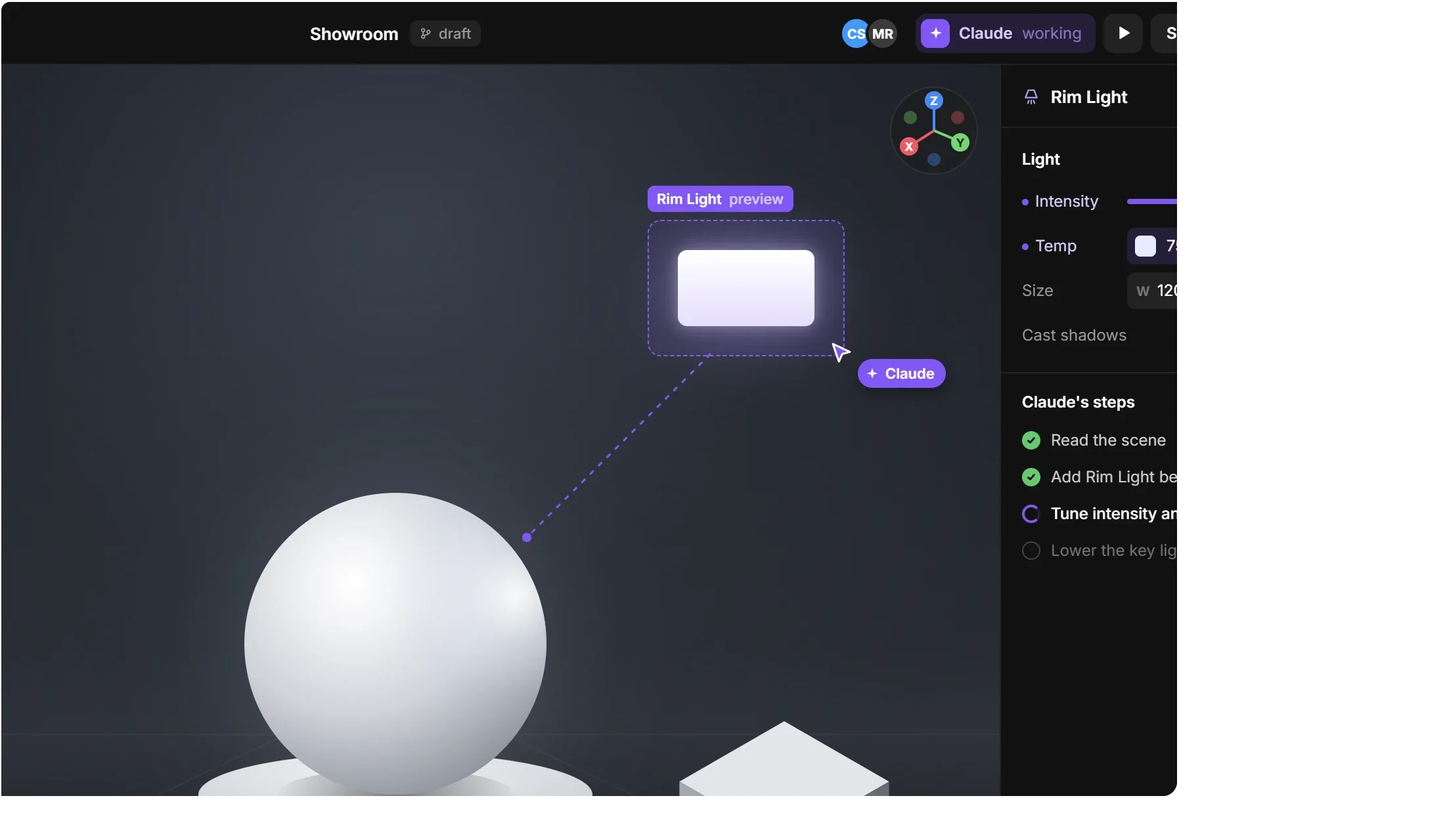 Claude placing a rim light in the Showroom scene, shown as a purple preview with its steps listed beside it.