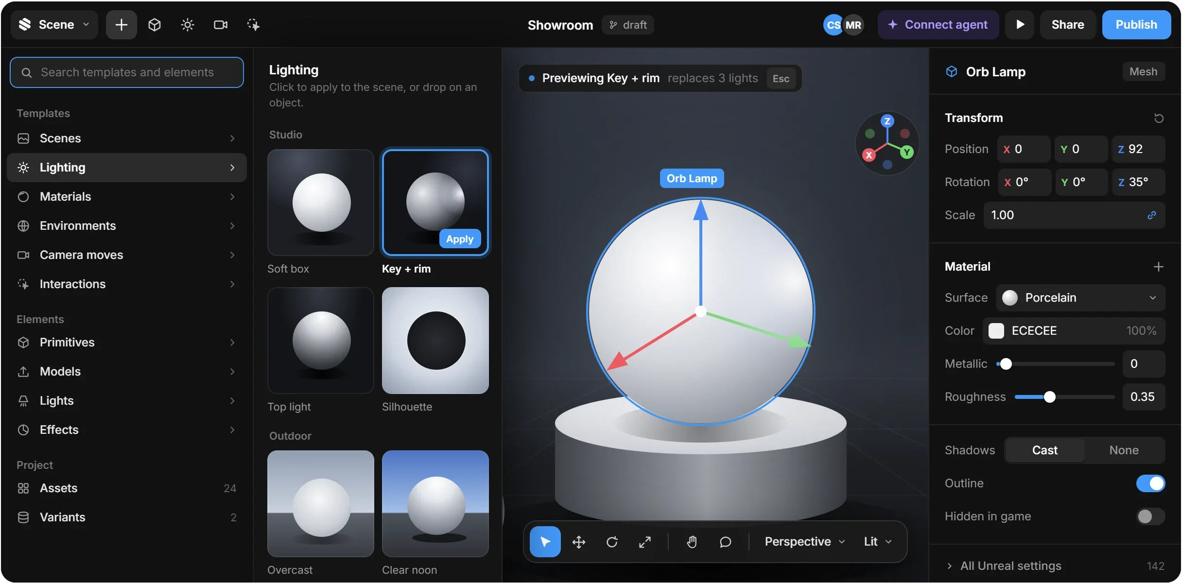 The editor's Insert panel on Lighting: Soft box, Key + rim, Top light and Silhouette presets, with Key + rim previewing on the scene.